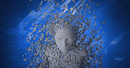 Composition of exploding human bust formed with grey particles and screens on blue background....