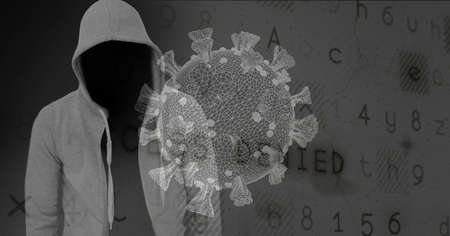 Monochrome composition of hooded hacker with  cell and access denied security message on screen. global  pandemic and cyber security concept digitally generated image.の写真素材