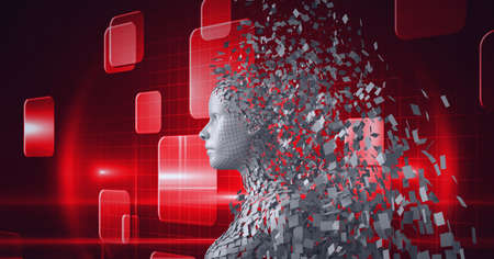 Composition of exploding human bust formed with grey particles and red screens background. global...