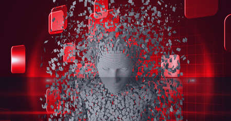Composition of exploding human bust formed with grey particles and red screens. global online identity and security concept digitally generated image.の写真素材