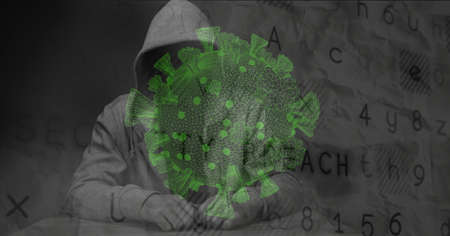 Composition of hooded hacker with  cell and security breach warning on screen. global  pandemic and...