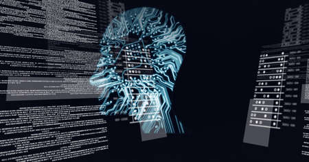 Composition of digital data processing over human brain formed with processor circuit board. global...