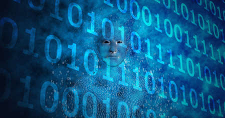 Composition of binary coding over exploding human bust on blue background. global science, business, technology, connections and networking concept digitally generated image.の写真素材