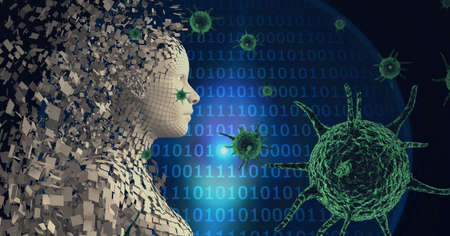 Composition of virus cells, human bust, binary coding on blue background. global  virus pandemic,...