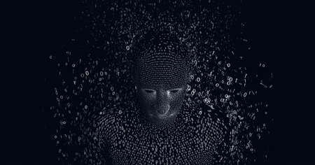 Composition of exploding human bust formed with binary coding. global science, business, technology,...