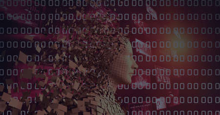 Composition of exploding human bust formed with particles over binary coding. global science,...
