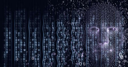 Composition of human face formed with binary coding on black background. global online security, technology, connections and networking concept digitally generated image.の写真素材