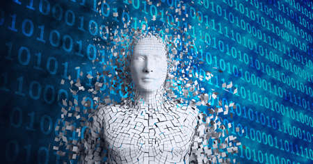 Composition of exploding human bust formed with particles over binary coding. global science, business, technology, connections and networking concept digitally generated image.の写真素材
