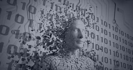 Composition of exploding human bust formed with particles over binary coding. global science, business, technology, connections and networking concept digitally generated image.の写真素材