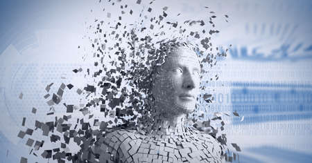 Composition of exploding human bust formed with particles over binary coding. global science, business, technology, connections and networking concept digitally generated image.の写真素材