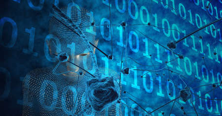 Composition of virus cells, human bust, binary coding on blue background. global coronavirus pandemic, technology, connections and networking concept digitally generated image.の写真素材