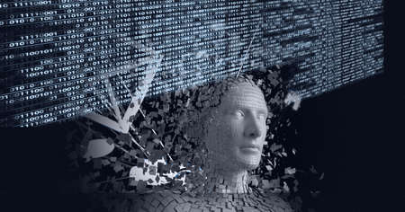 Composition of binary coding and exploding human bust. global technology, data processing and...