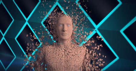 Composition of human bust formed with particles exploding on green pattern background. global technology, data processing and connections concept digitally generated image.の写真素材