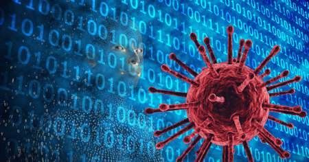 Composition of covid 19 cell, human bust, binary coding on blue background. global coronavirus pandemic, technology, connections and networking concept digitally generated image.の写真素材