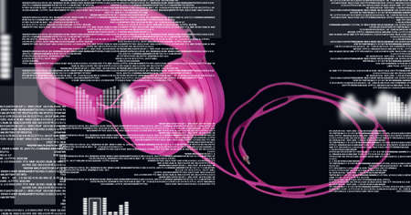 Composition of digital data processing over pink headphones. global science, business, technology,...