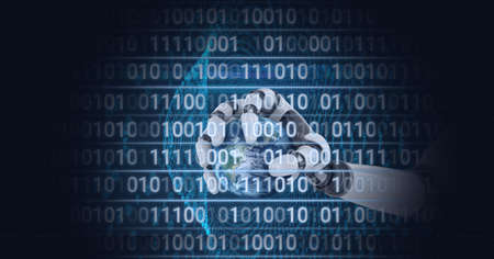 Composition of binary coding data processing over robot holding globe. global technology,...