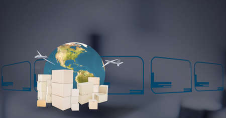 Composition of airplanes, globe and cardboard boxes over digital screens. global shipping, technology, connections and networking concept digitally generated image.の写真素材
