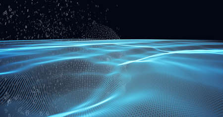 Composition of exploding human body formed with binary coding and blue trails of information. global technology, connections and networking concept digitally generated image.の写真素材