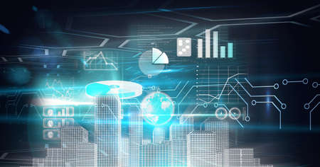 Composition of statistics processing over 3d cityscape on glowing background. global technology,...