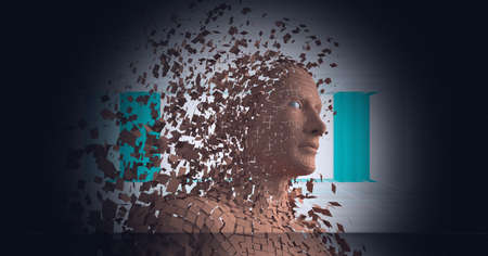 Composition of human bust formed with particles exploding on grey background. global technology, data processing and connections concept digitally generated image.の写真素材