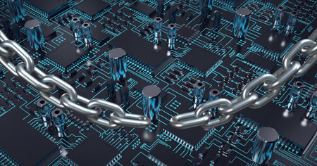 Composition of silver chain over computer circuit board. global online security, technology,...
