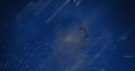 Composition of human bust formed with binary coding exploding on blue background. global technology, data processing and connections concept digitally generated image.の写真素材