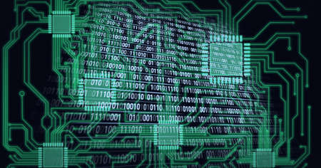 Composition of binary coding processing ove computer circuit board. global technology, data processing and connections concept digitally generated image.の写真素材