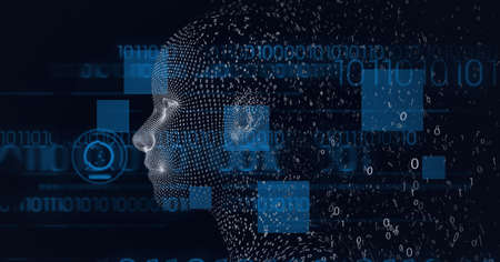 Composition of human bust and binary coding processing. global technology, data processing and...
