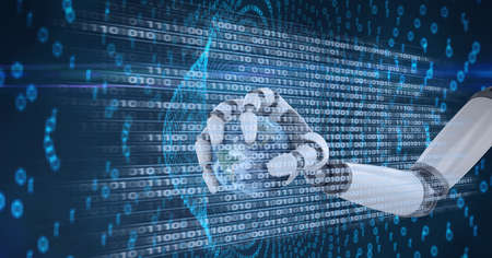 Composition of binary coding data processing over robot holding globe. global technology,...