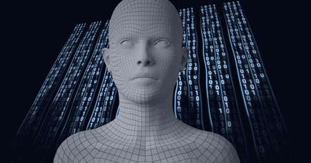 Composition of human bust formed with grey particles over binary coding processing. global...