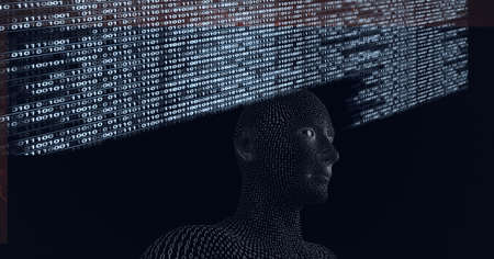 Composition of binary coding and digital human bust. global technology, data processing and connections concept digitally generated image.の写真素材
