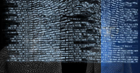 Composition of binary coding processing over human busts. global technology, data processing and...