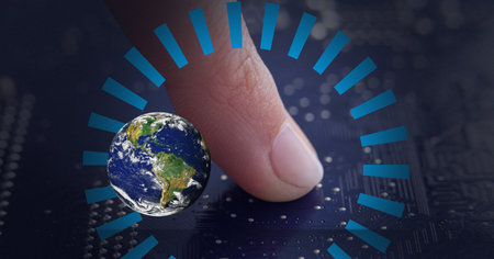 Composition of globe of connections and finger touching computer processor. global technology,...