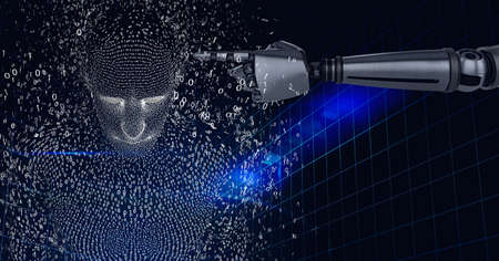 Composition of exploding human bust formed with binary coding and robot's arm. global data...