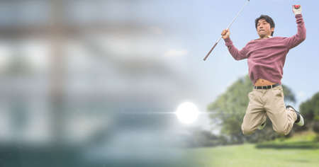 Composition of happy asian male golf player jumping with golf club on golf course with blur. sport,...