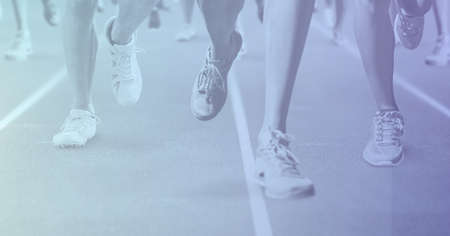 Composition of low section of runners racing on racing track with purple tint. sport, fitness and...