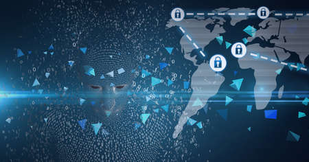 Composition of exploding human bust formed with binary coding and online security padlock icons....