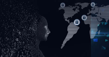 Composition of exploding human bust formed with binary coding and online security padlock icons....