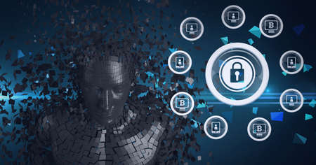 Composition of exploding metallic human bust and online security padlock and digital icons. global...