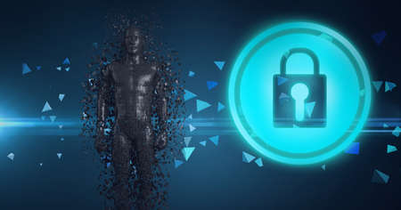 Composition of exploding metallic human body and online security padlock icon. global online...