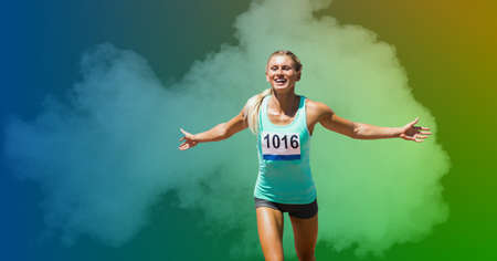 Composition of athletic woman running and smiling on colorful background. sport, fitness and active lifestyle concept digitally generated image.の写真素材