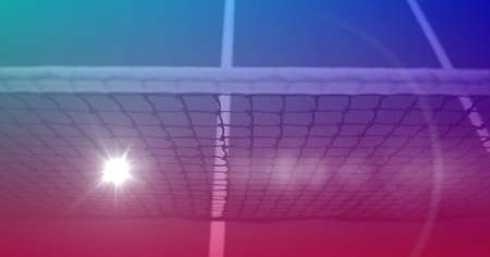 Composition of tennis court and net over light blur. sport, fitness and active lifestyle concept digitally generated image.の写真素材