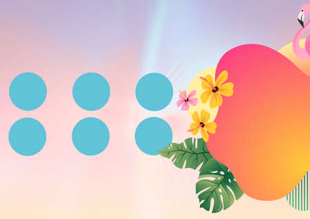 Composition of flamingo and tropical plant elements with blue circles on pink and lilac background....