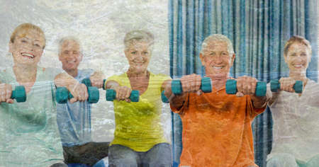 Composition of senior group exercising with instructor and trees in sunlight. healthy active retirement lifestyle concept digitally generated image.の写真素材