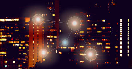 Composition of network of connections over cityscape at night. global connections, networking and business concept digitally generated image.の写真素材