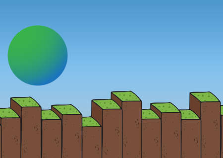 Composition of green and blue globe with green topped earth brown blocks on blue background. background design template concept with copy space, digitally generated image.の写真素材