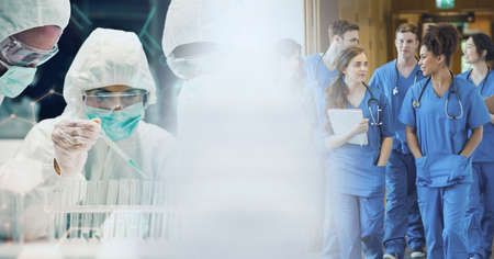 Composition of diverse group of doctors and scientists with motion blur. medical science and...