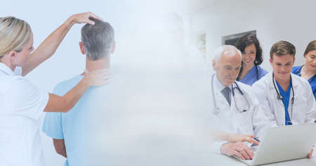 Composition of diverse group of doctors and patient with motion blur. medical science and technology concept digitally generated image.の写真素材