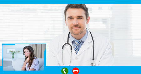 Composition of screen with male doctor during online consultation. global online medicine and technology concept digitally generated image.の写真素材