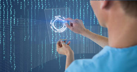 Composition of female doctor holding interactive screen with medical data processing. global online...